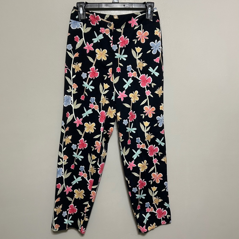 Talbots Womens Pants 2P Black Colorful Floral Dragonfly Trousers Stretch 90's